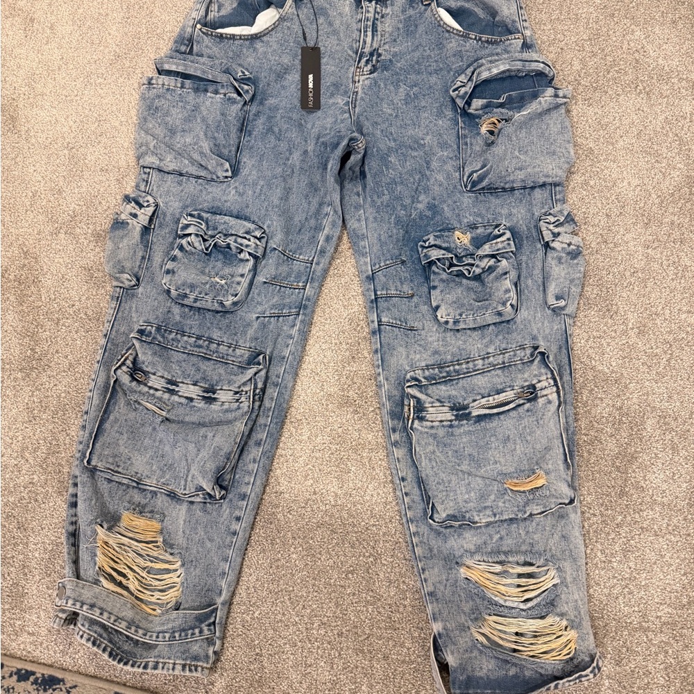 Fashion Nova Light Blue Distressed Cargo Jeans